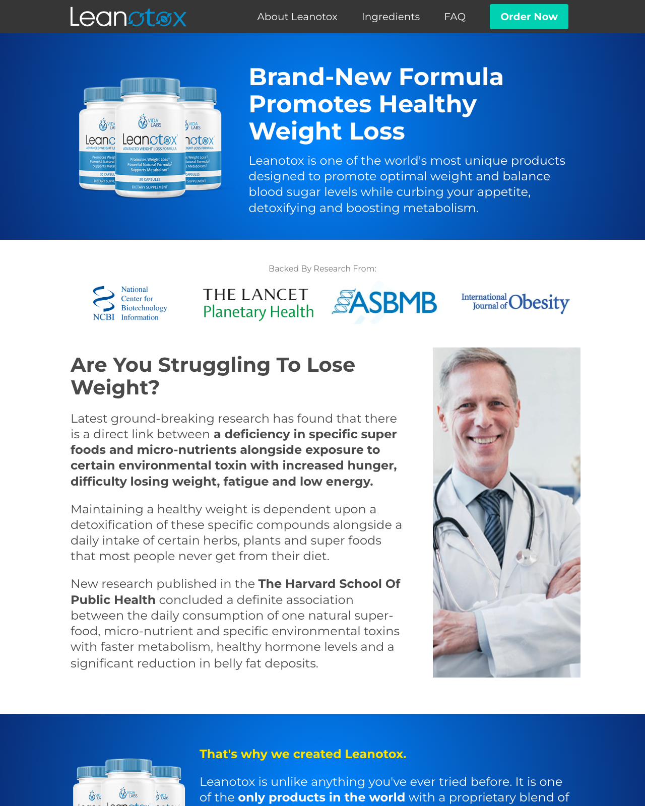 Screenshot of the Leanotox - A Genuine Weight Loss Conversion Monster sales page — open current offer