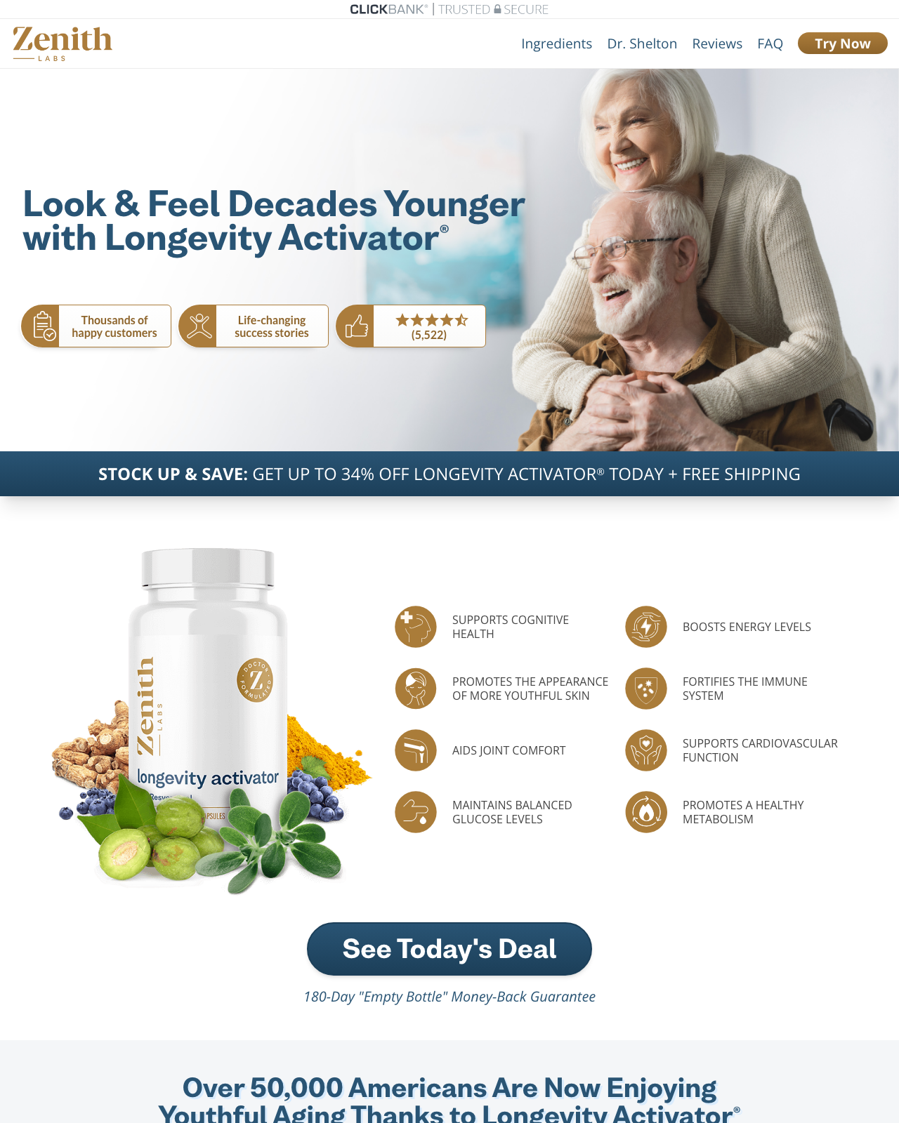 Screenshot of the Longevity Activator Top-Converting Anti-Aging Offer! sales page — open current offer