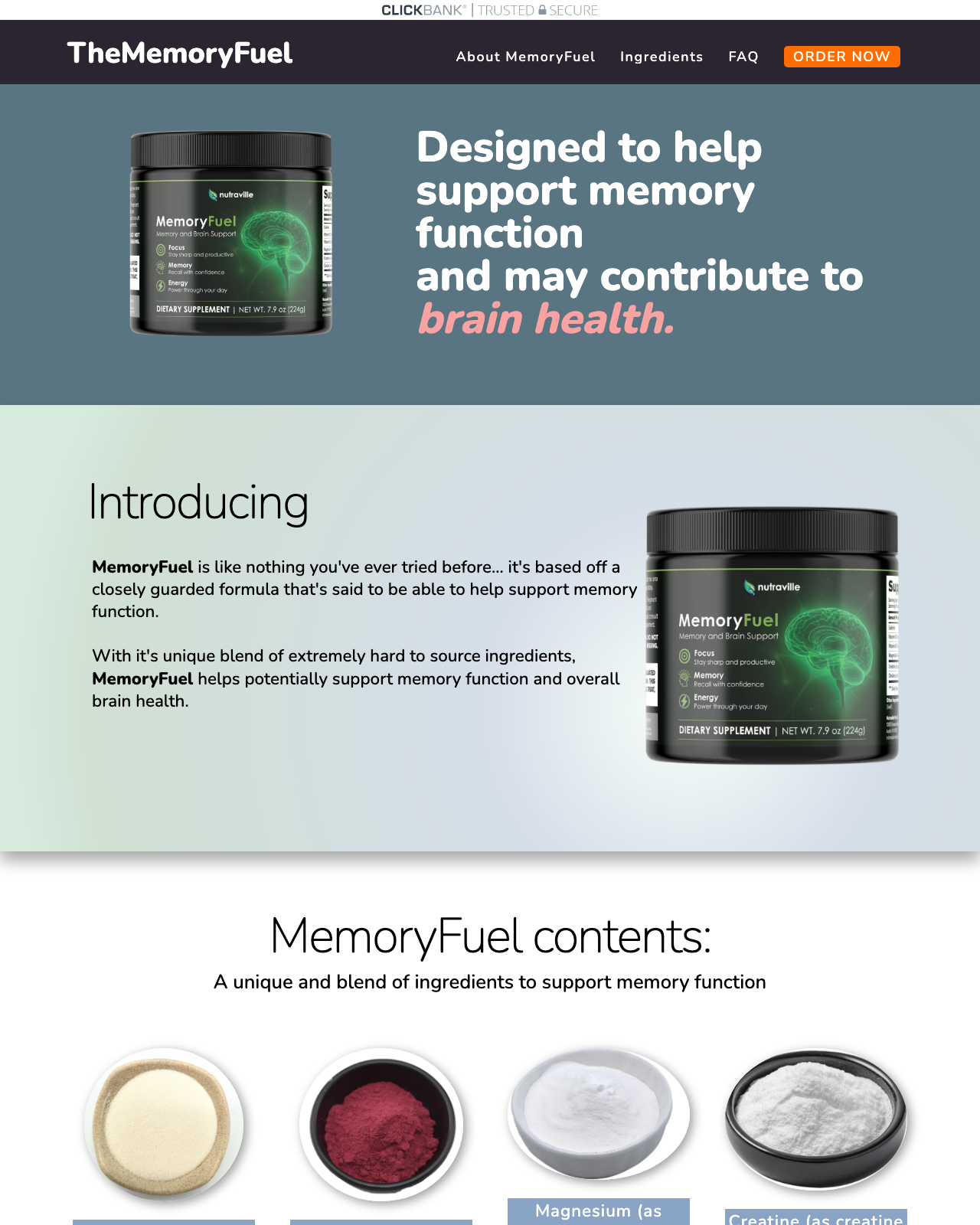 Screenshot of the MemoryFuel – Meta Compliant 2026 Brain Supplement with Creatine! sales page — open current offer