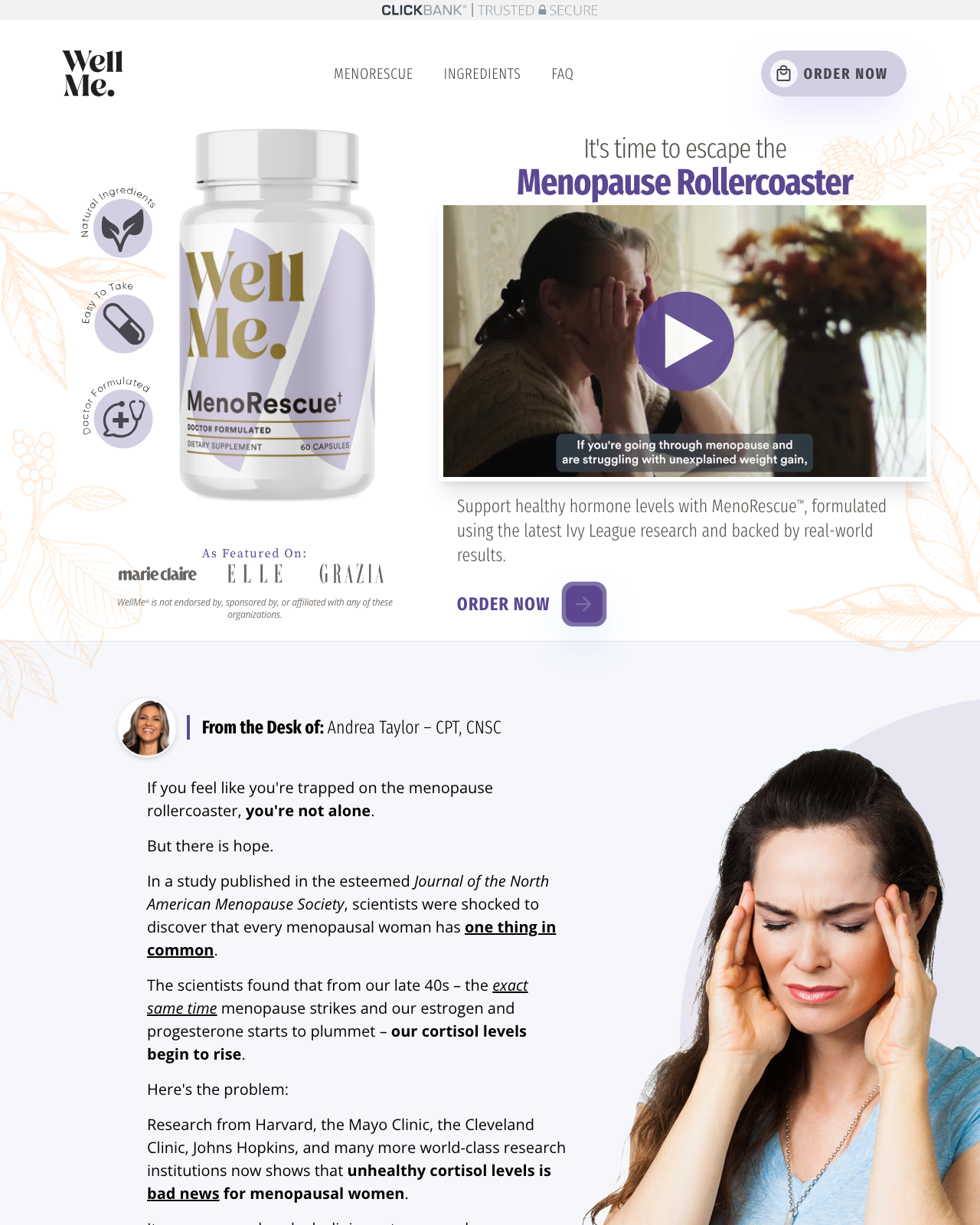 Screenshot of the MenoRescue sales page — open current offer
