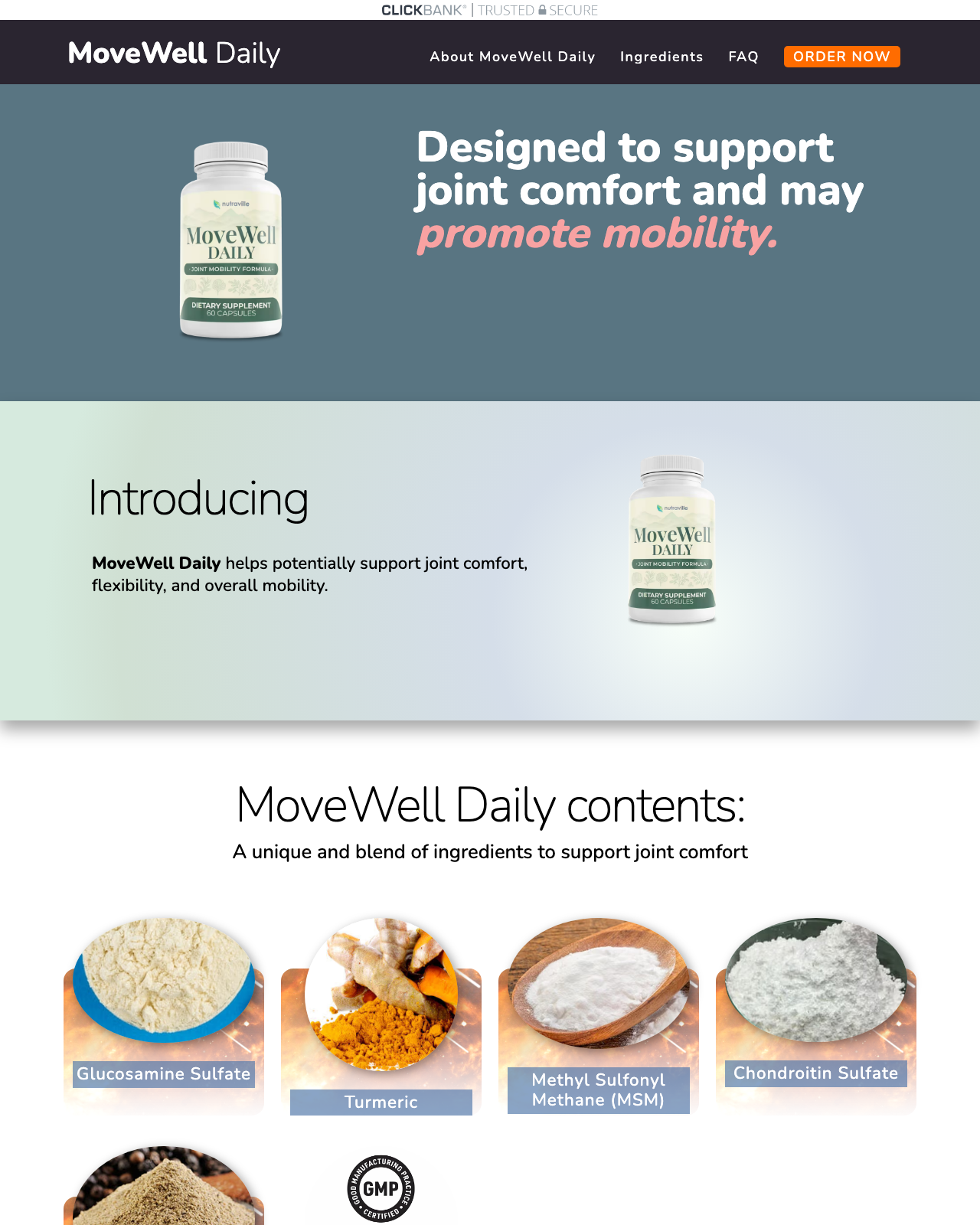 Screenshot of the MoveWell Daily - Advanced Joint Relief for Flexibility and Comfort! sales page — open current offer