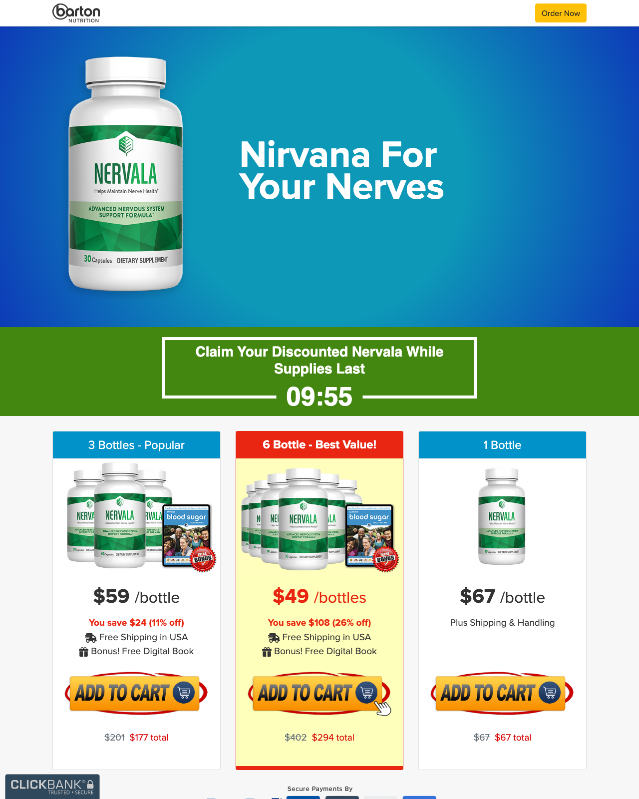 Screenshot of the Nervala sales page — open current offer