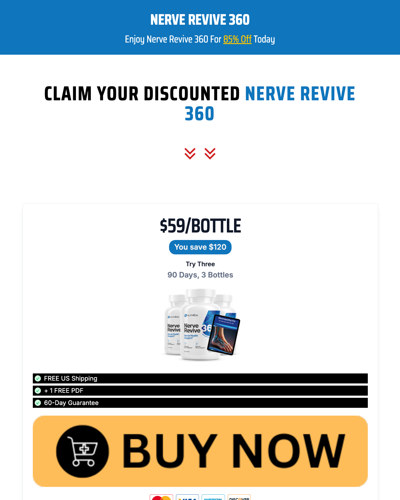 Screenshot of the NerveRevive 360 – Supports Nerve Health, Comfort, And Mobility sales page — open current offer