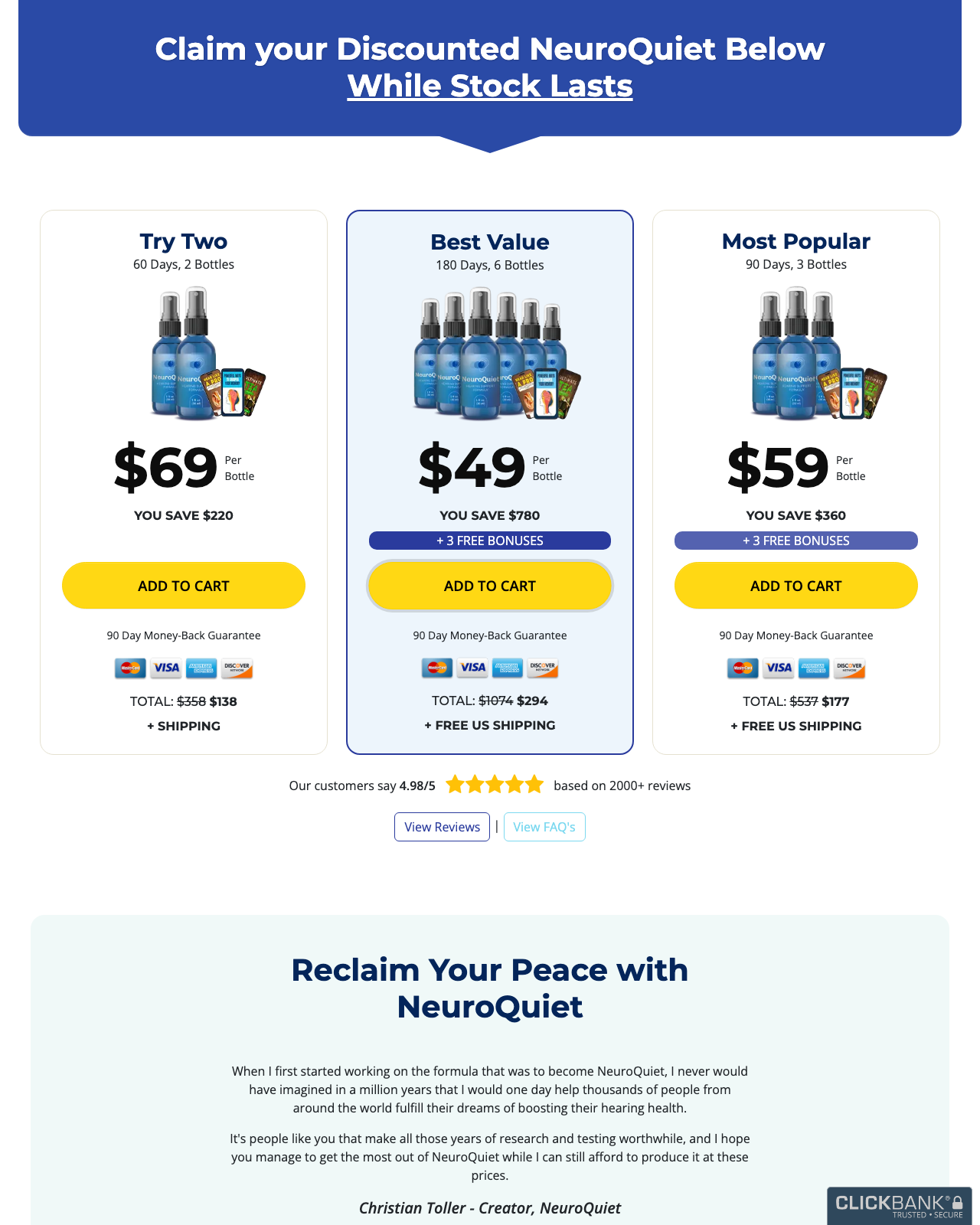 Screenshot of the NeuroQuiet  - Brain, Hearing, Tinnitus sales page — open current offer