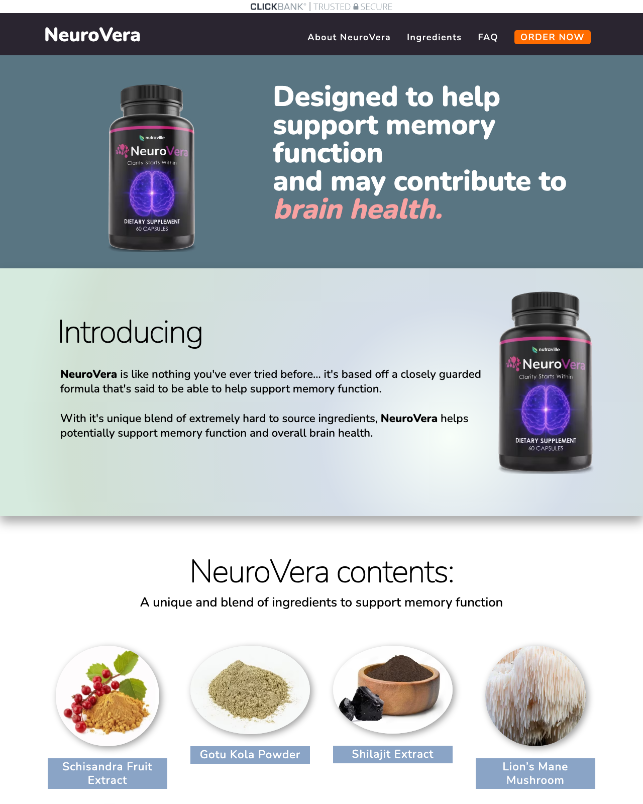 Screenshot of the NeuroVera – The 2026 Brain Offer Delivering Reliable EPCs sales page — open current offer