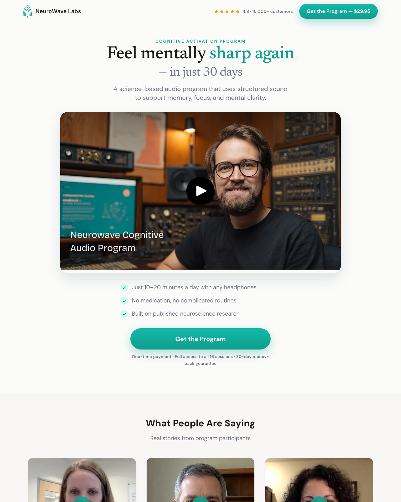 Screenshot of the Neurowave™ Daily Brain Audio – Memory & Focus (16 Sessions) sales page — open current offer