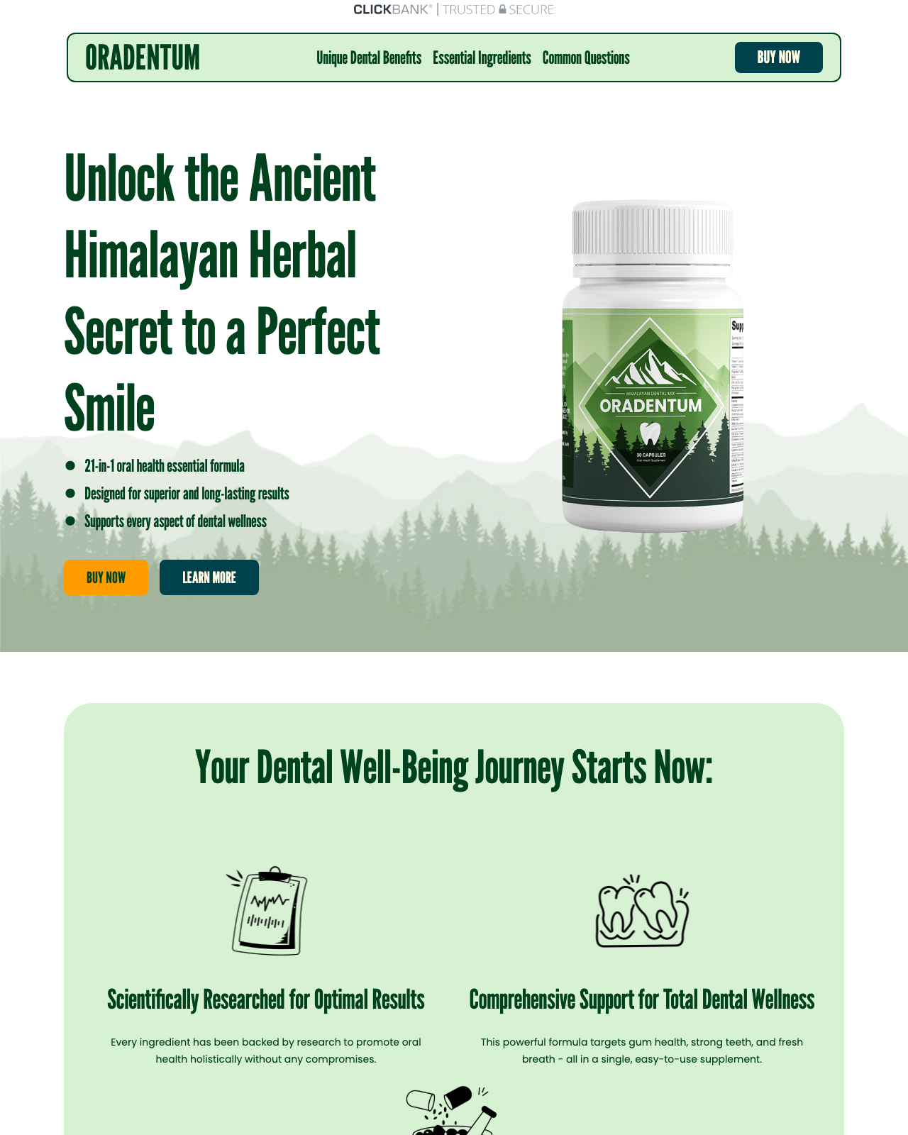 Screenshot of the Oradentum - The Ultimate DENTAL Solution Is Here sales page — open current offer