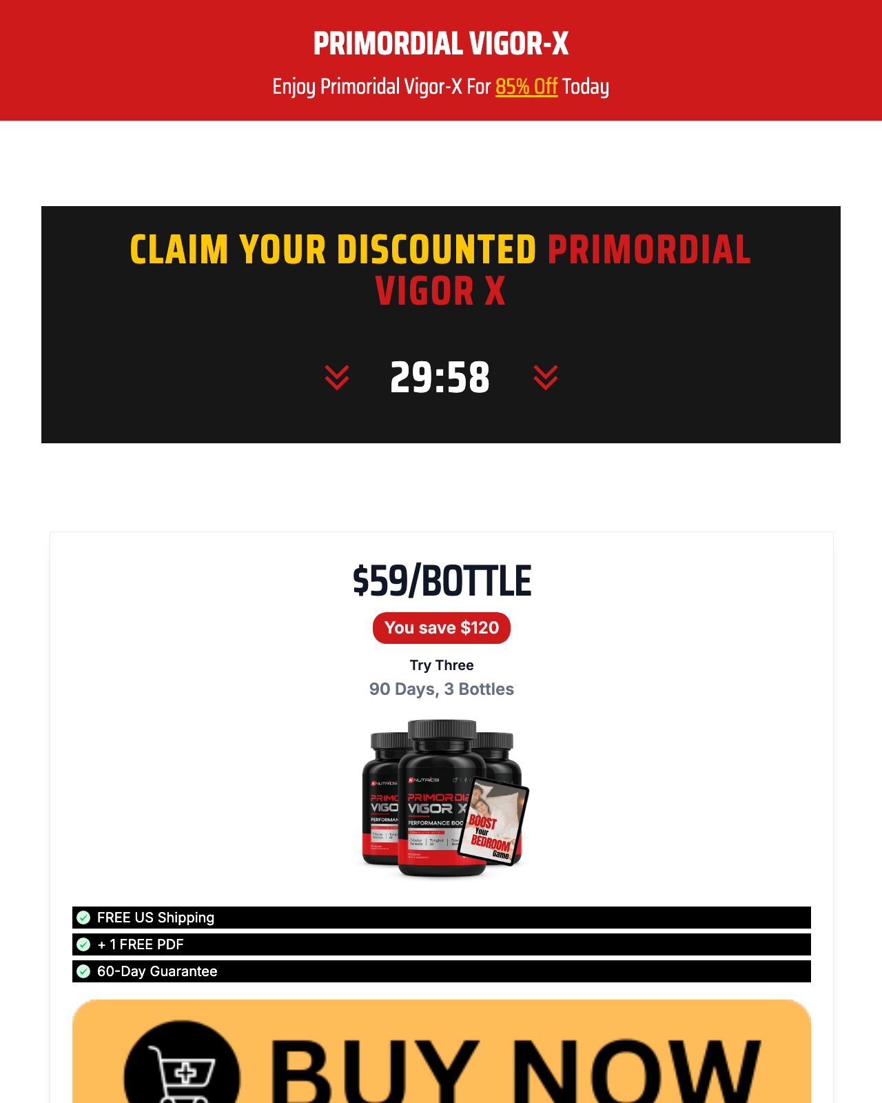 Screenshot of the Primordial Vigor X – Men’s Performance Support For Size And Firmness sales page — open current offer
