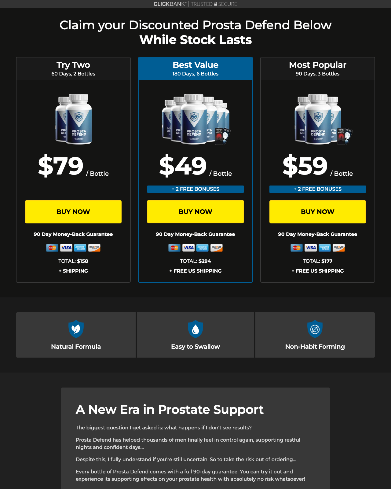 Screenshot of the Prosta Defend - Prostate Health Formula sales page — open current offer