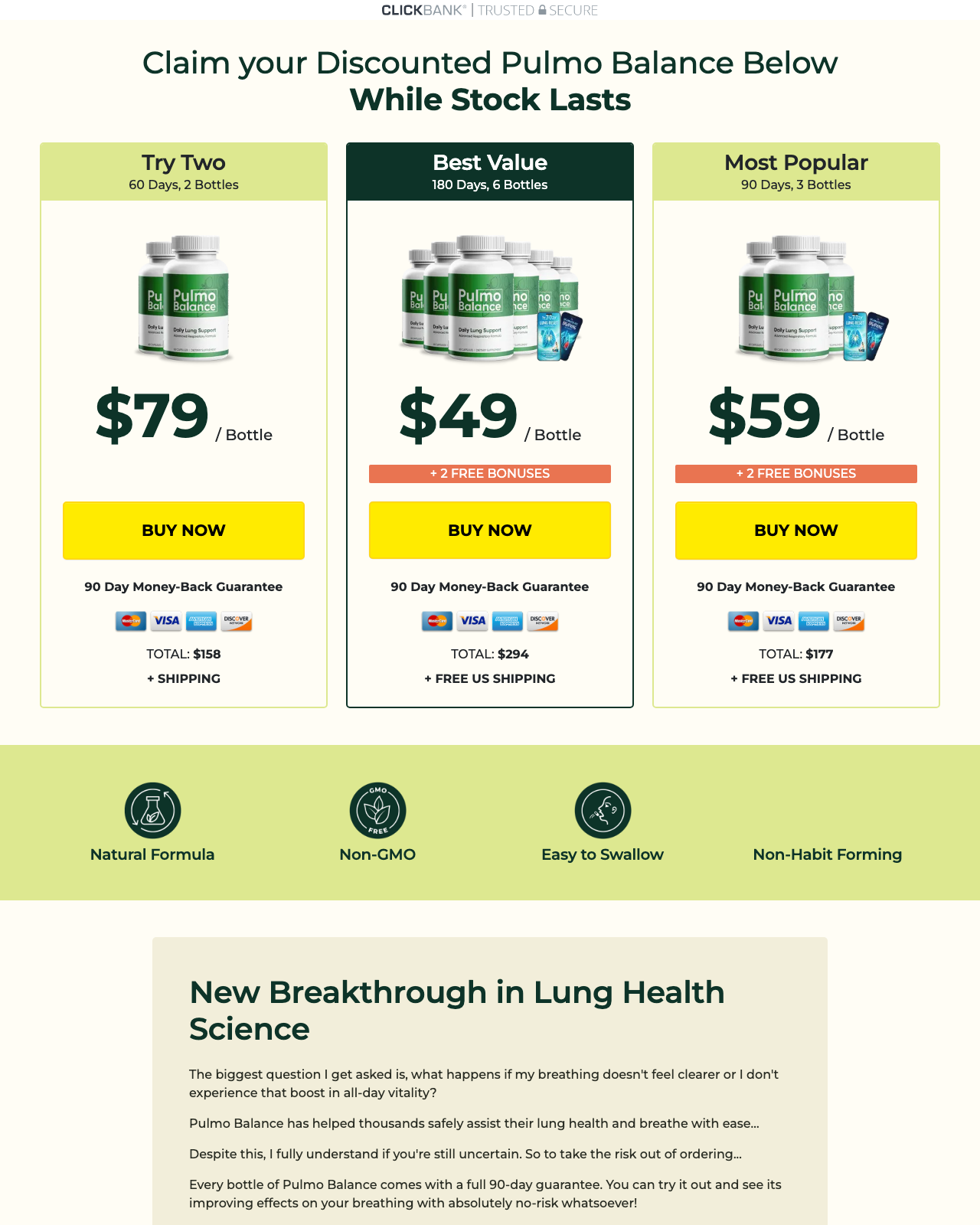 Screenshot of the Pulmo Balance - Top Lung Health sales page — open current offer