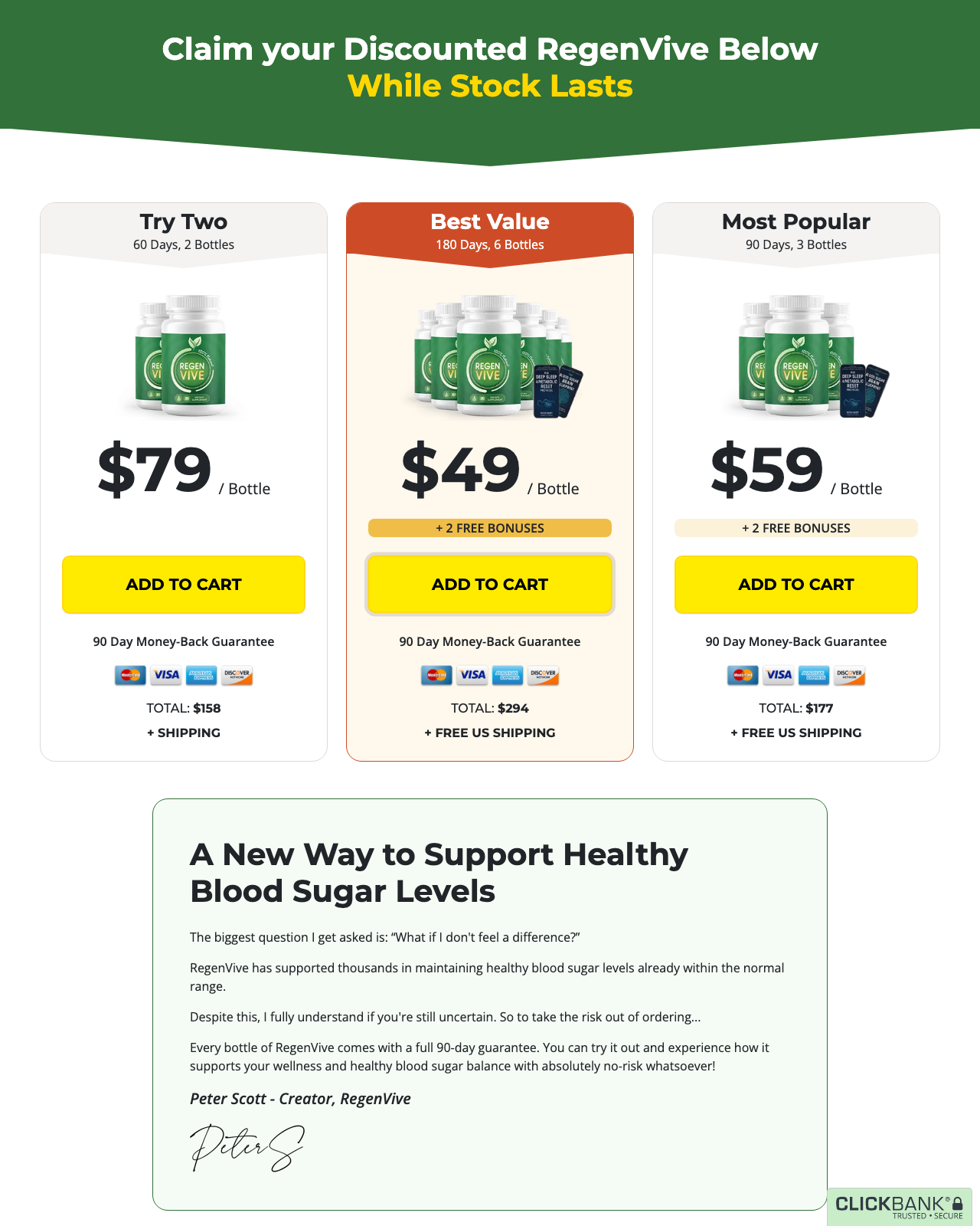Screenshot of the RegenVive - Blood Sugar Support sales page — open current offer