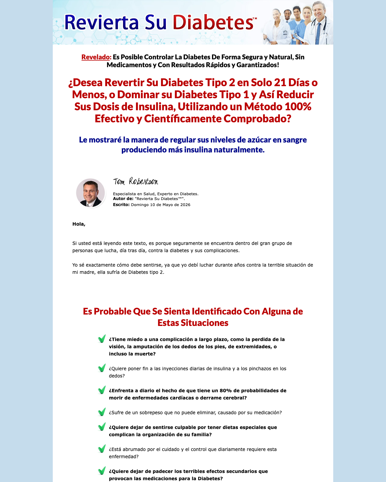 Screenshot of the Revierta Su Diabetes Tipo 2 y Pre-Diabetes, Controle Diabetes Tipo 1! sales page — open current offer