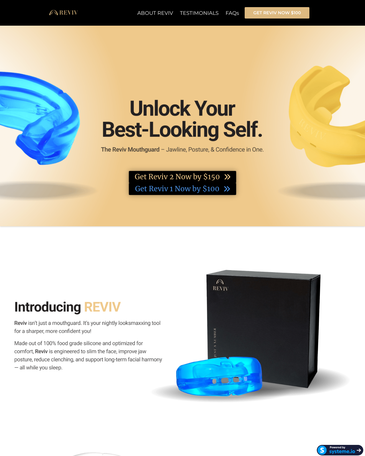 Screenshot of the Reviv – The Ultimate Mouthguard for Looksmaxxing sales page — open current offer