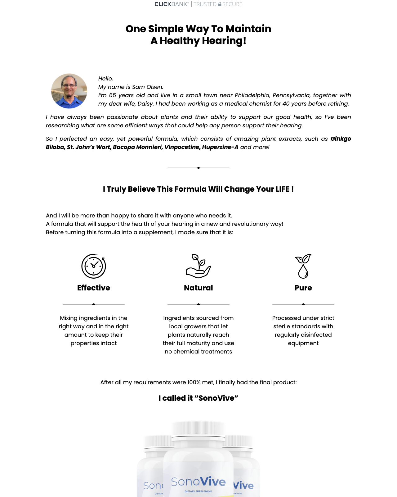 Screenshot of the SonoVive - Monster In The Hearing Loss Niche sales page — open current offer