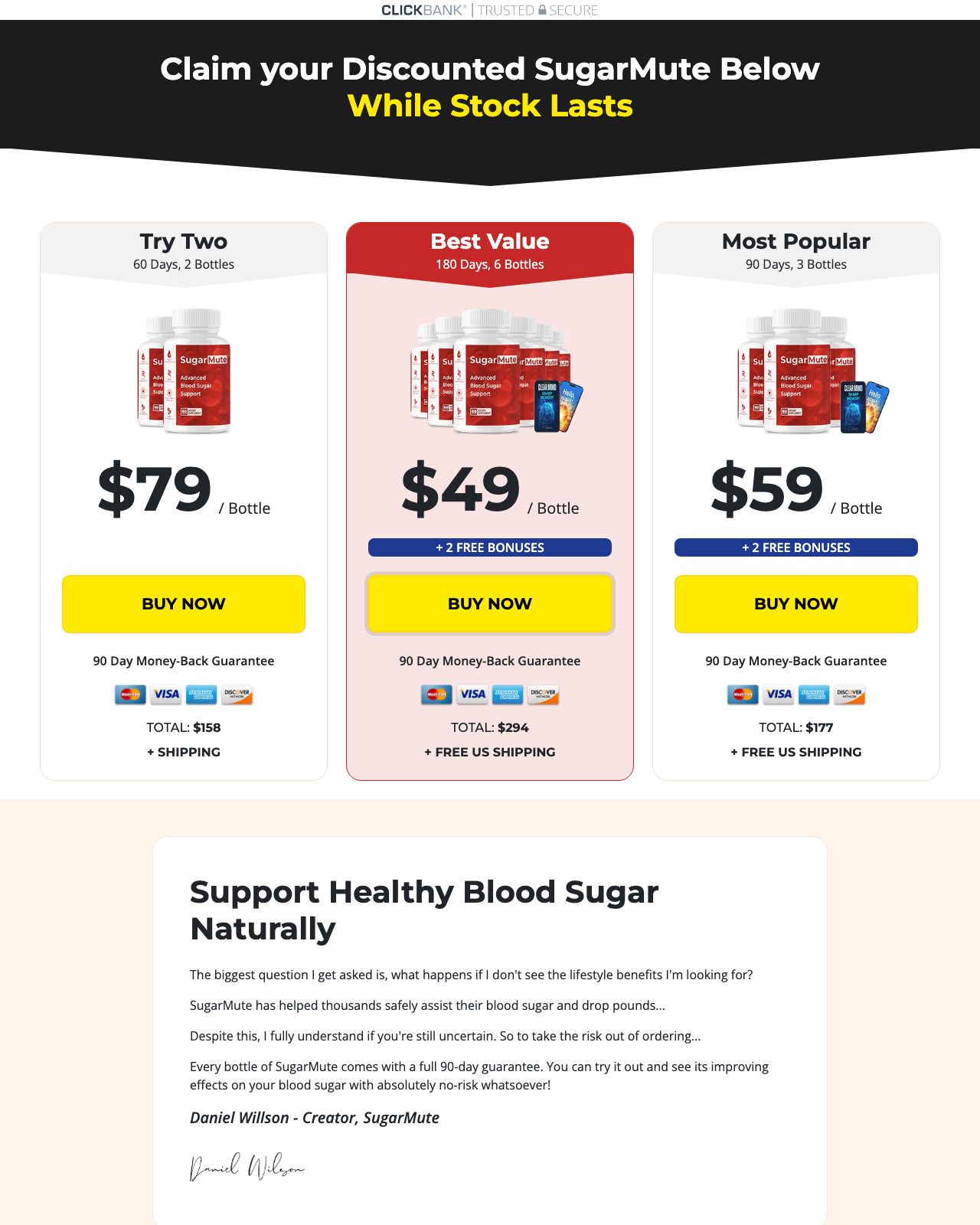 Screenshot of the SugarMute - Advanced Blood Sugar Support sales page — open current offer