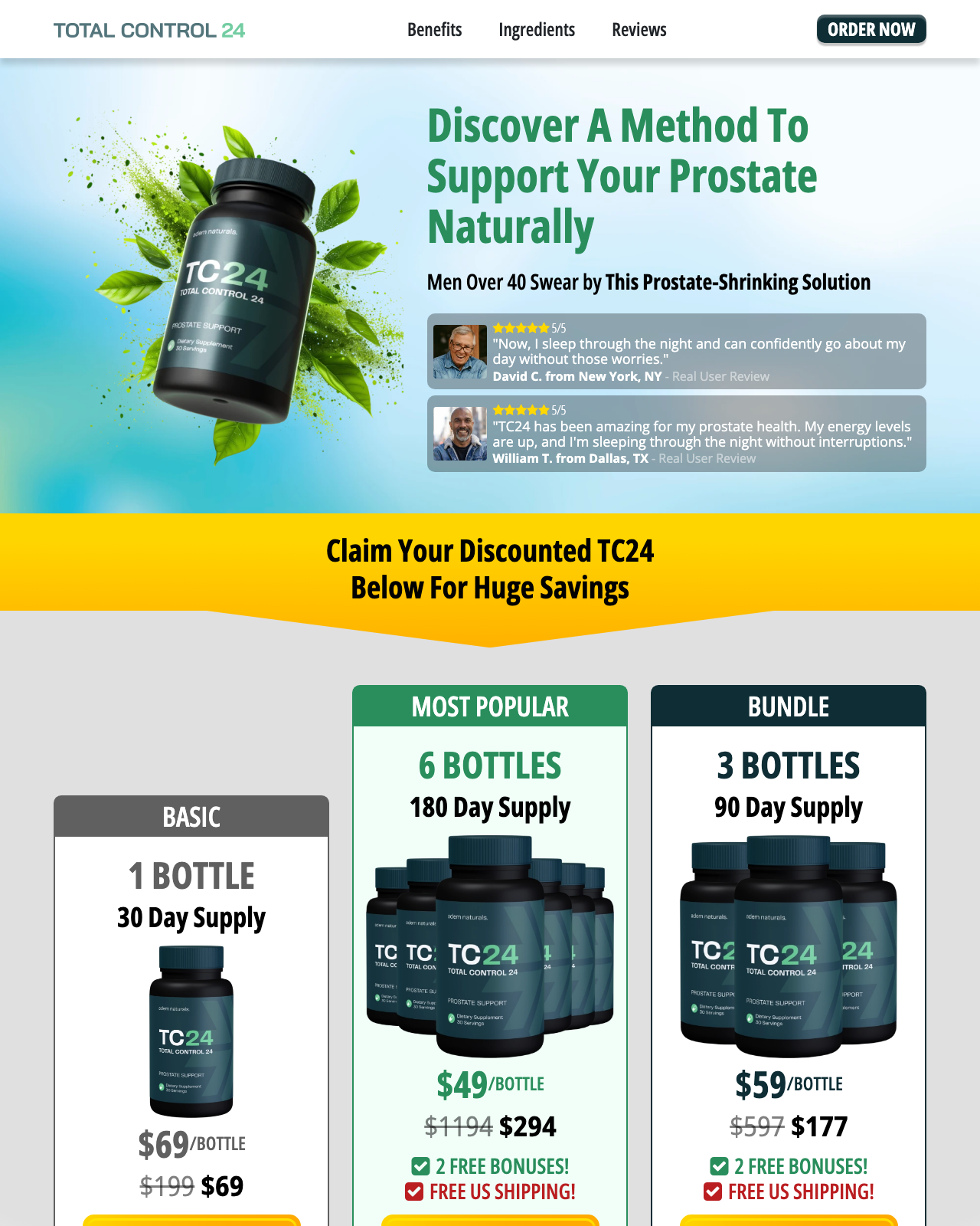 Screenshot of the TC24 - NEW Prostate Offer - PROMOTE NOW sales page — open current offer