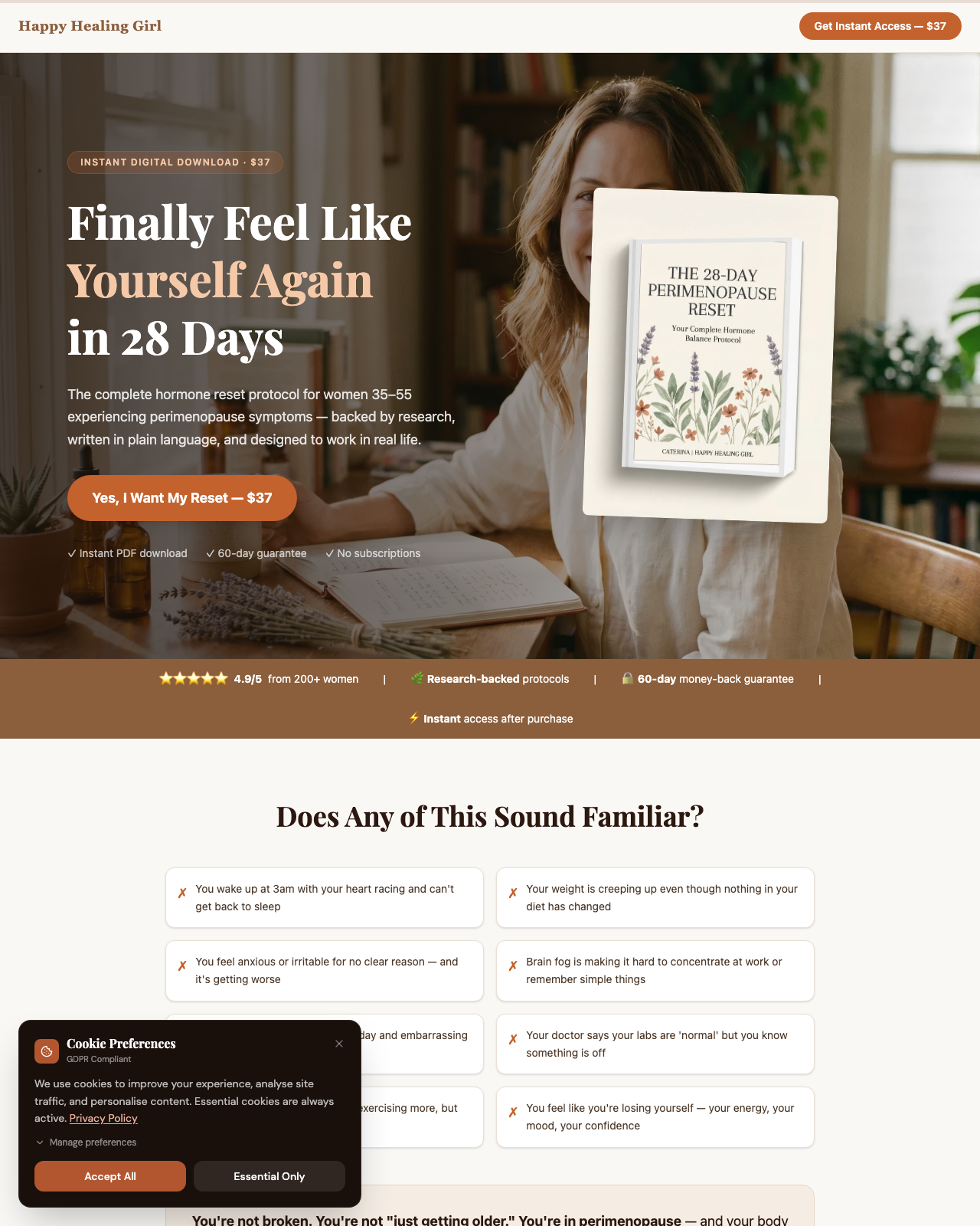 Screenshot of the The 28-Day Perimenopause Miracle sales page — open current offer