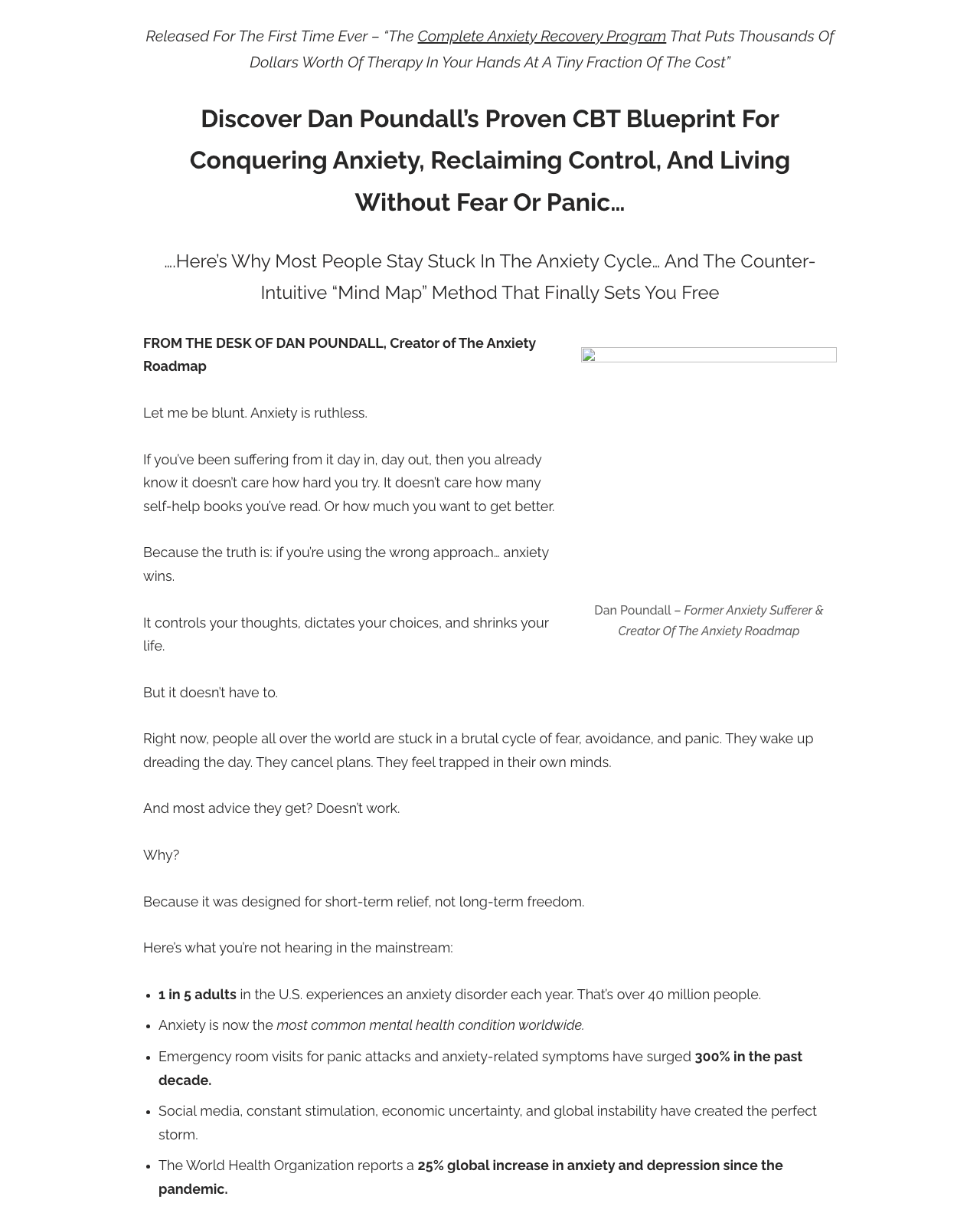 Screenshot of the The Anxiety Roadmap sales page — open current offer