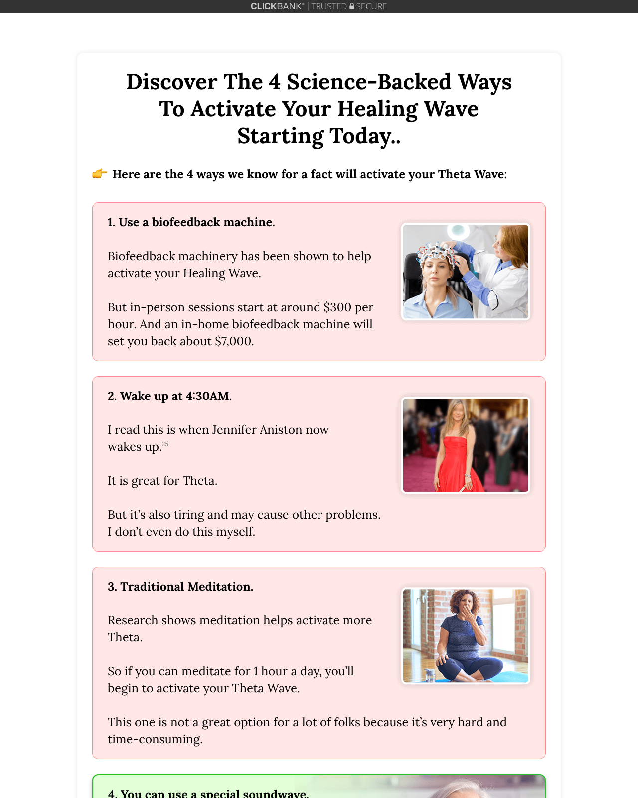 Screenshot of the The Healing Wave sales page — open current offer