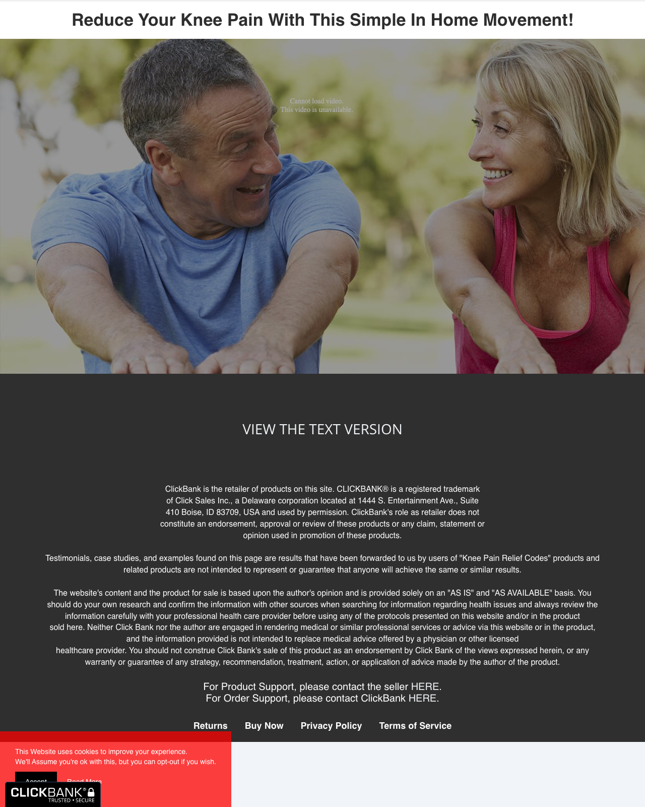 Screenshot of the The Knee Pain Relief Codes Program: 90% Commissions sales page — open current offer