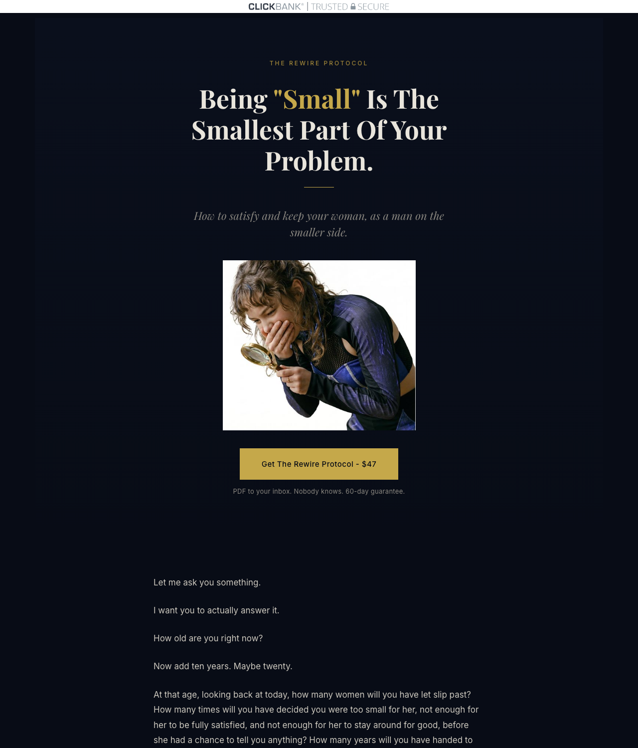 Screenshot of the The Rewire Protocol - Small Penis Anxiety Guide sales page — open current offer