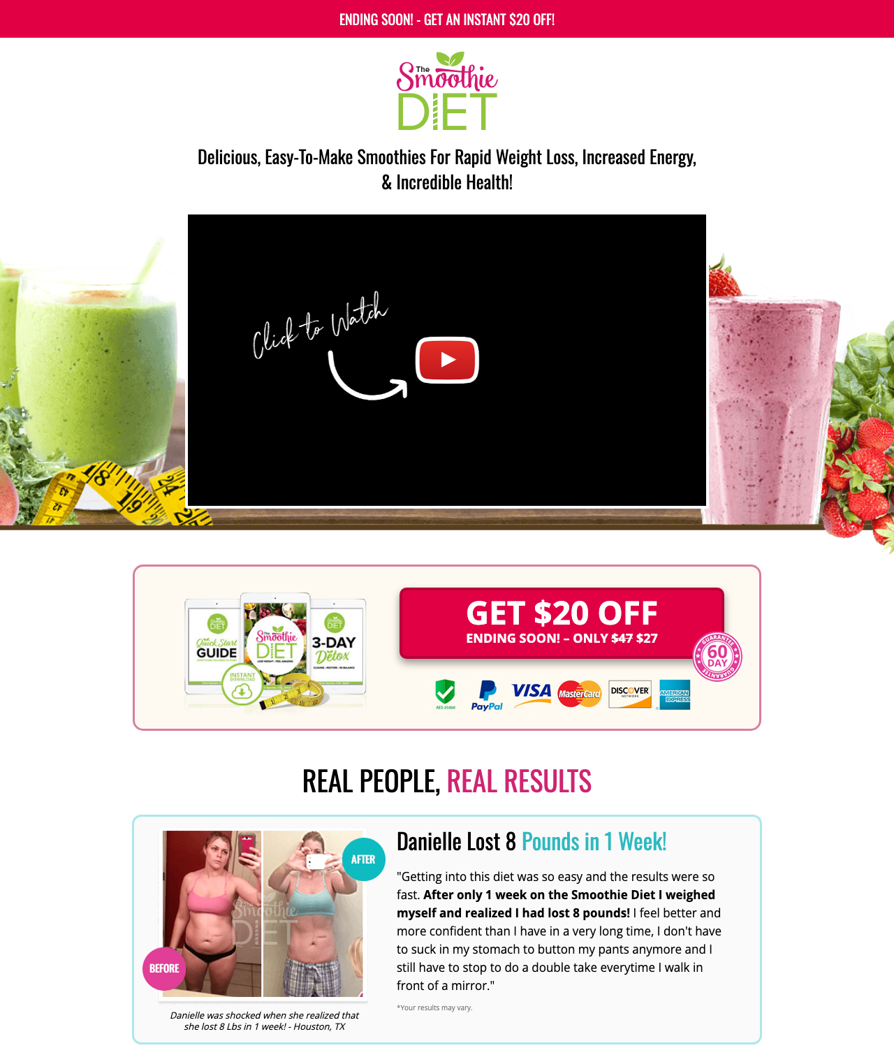 Screenshot of the The Smoothie Diet: 21 Day Rapid Weight Loss Program sales page — open current offer