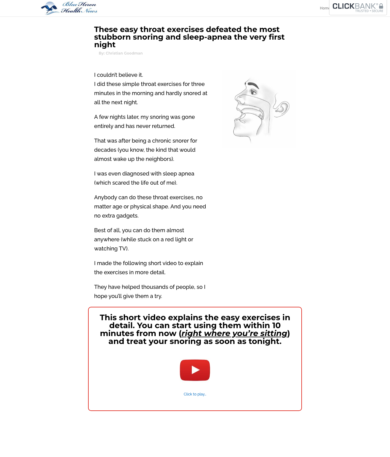 Screenshot of the The Stop Snoring and Sleep Apnea Exercise Program sales page — open current offer