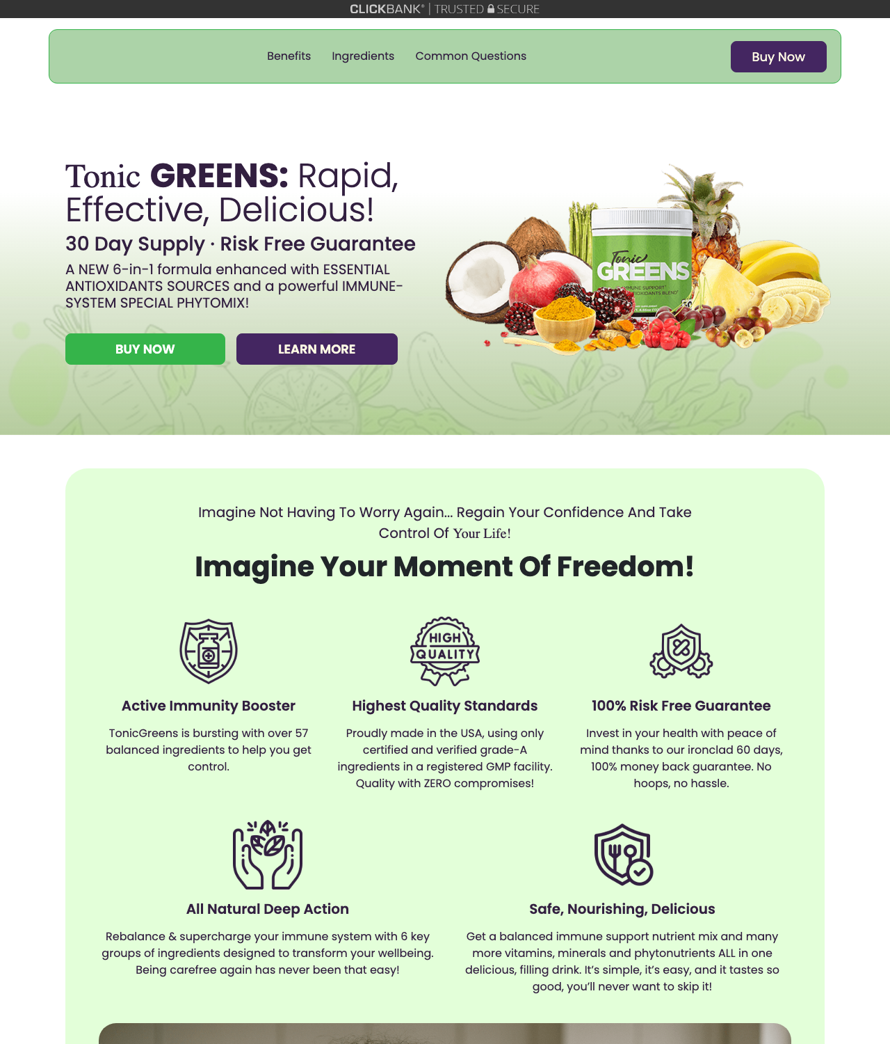 Screenshot of the TonicGreens - Most Expected Cold Sore Offer Now on ClickBank sales page — open current offer