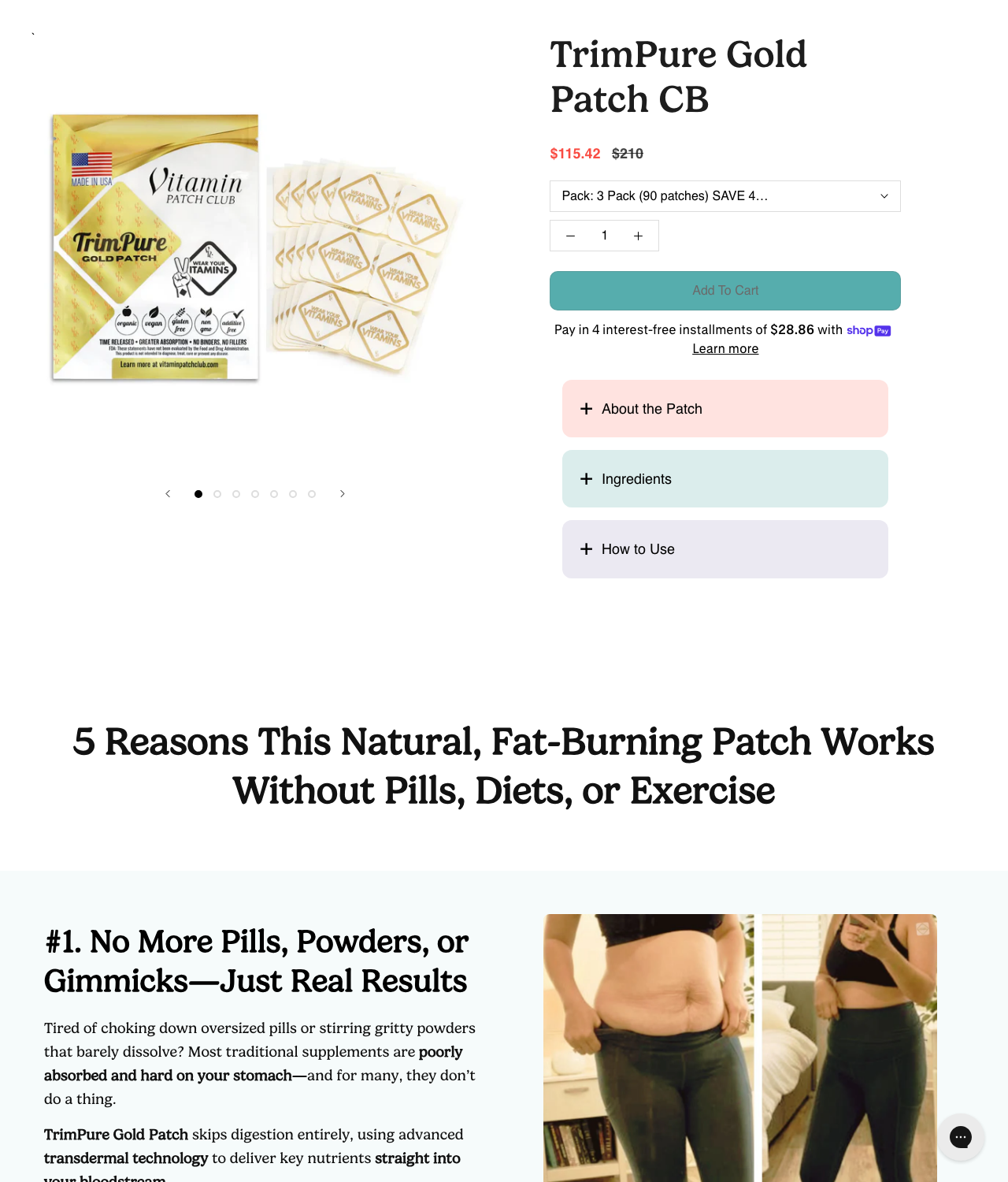 Screenshot of the TrimPure Gold Patch sales page — open current offer