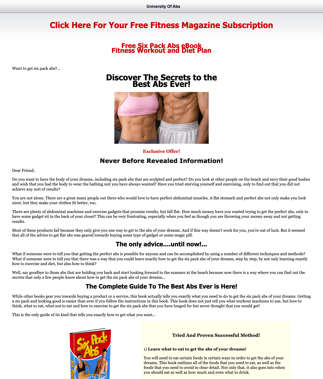 Screenshot of the University of Abs - Top Rated Fitness University on Clickbank sales page — open current offer