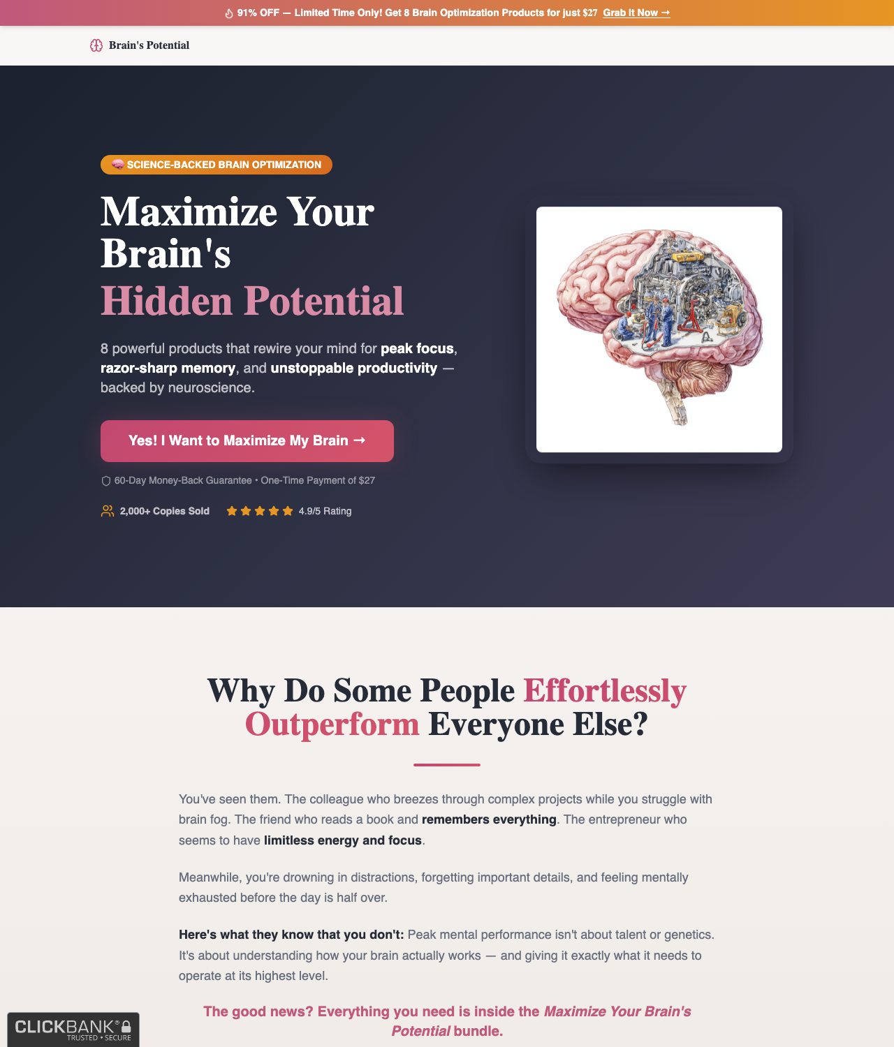 Screenshot of the Unlock Your Brain's Full Potential – 8-in-1 Bundle + Upsell Funnel sales page — open current offer