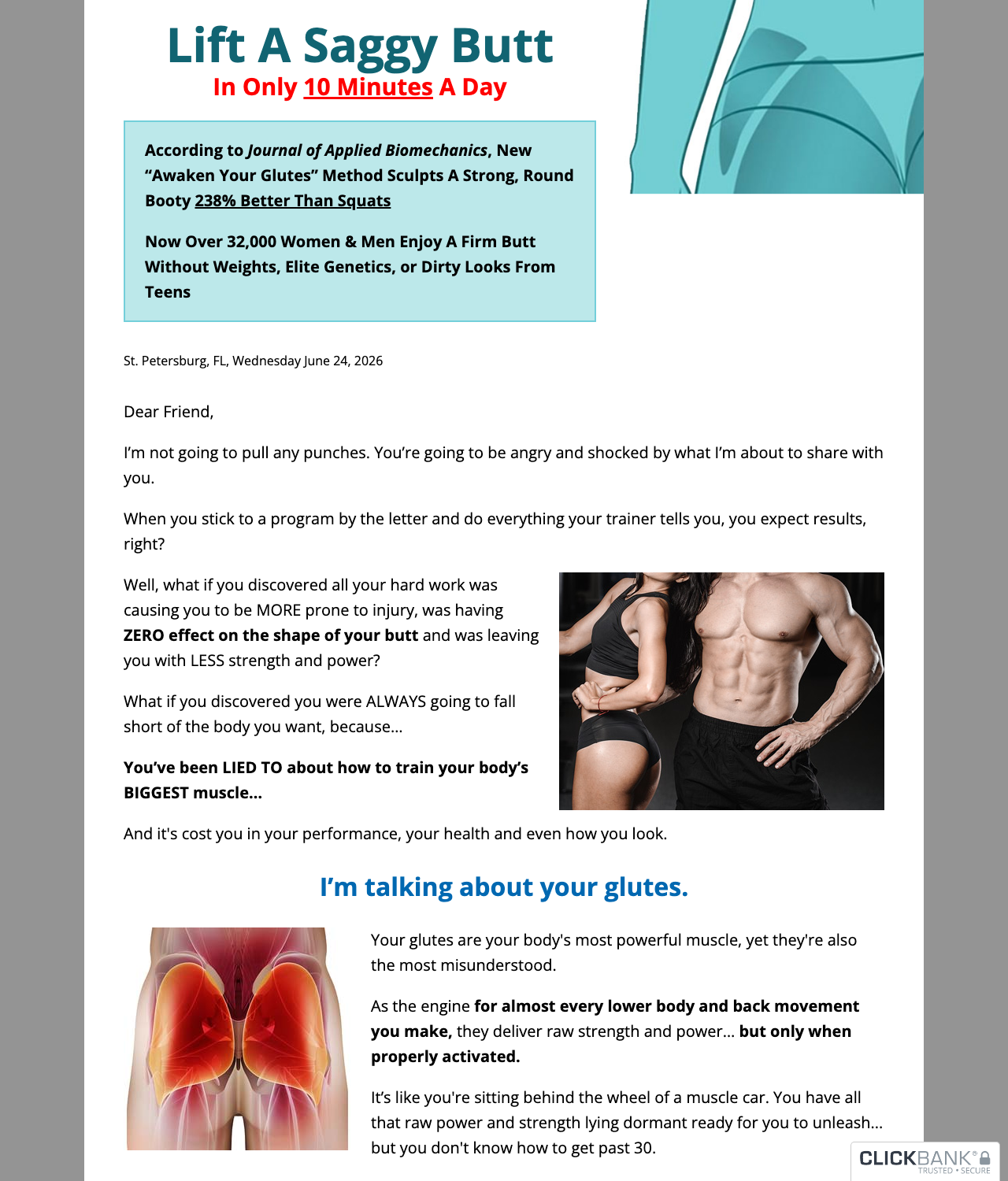 Screenshot of the Unlock Your Glutes - Conversion Monster! sales page — open current offer