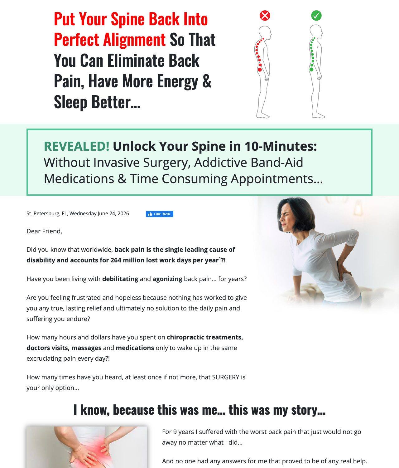 Screenshot of the Unlock Your Spine - NEW Q2 2023 VSL - Includes Therapy Tool sales page — open current offer