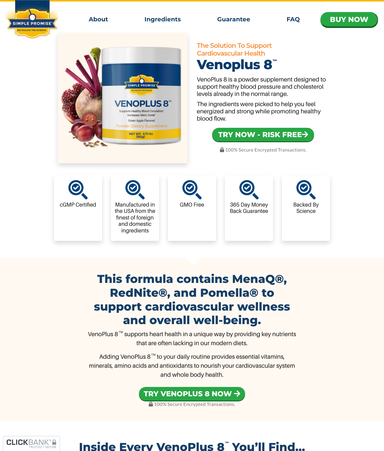 Screenshot of the VENOPLUS 8 - TRENDING Heart Health & Nitric Oxide Offer sales page — open current offer