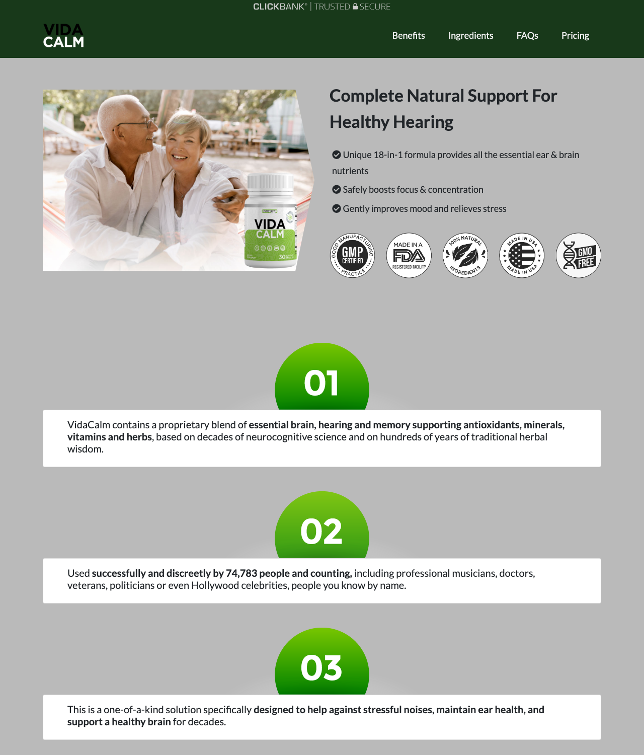 Screenshot of the VidaCalm - NEW Ear Health Offer sales page — open current offer