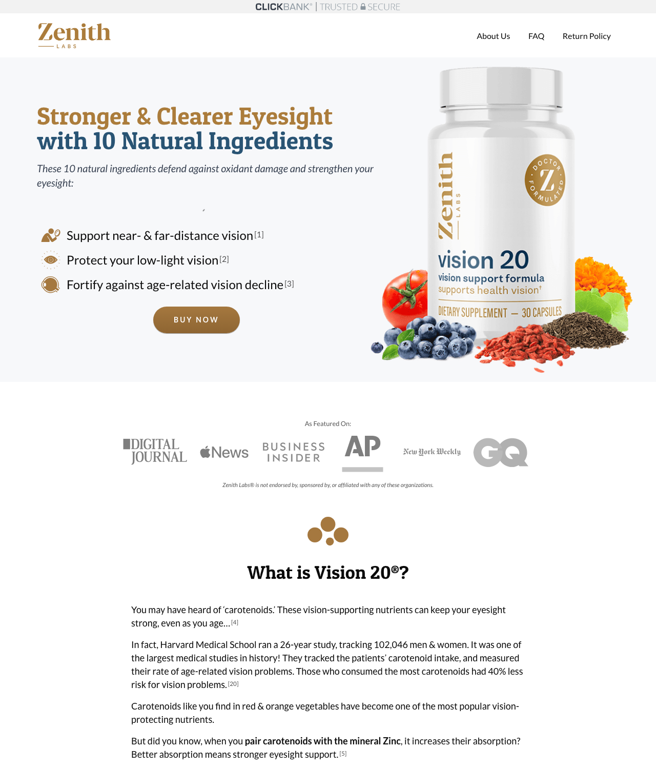 Screenshot of the Vision 20® by Zenith Labs sales page — open current offer