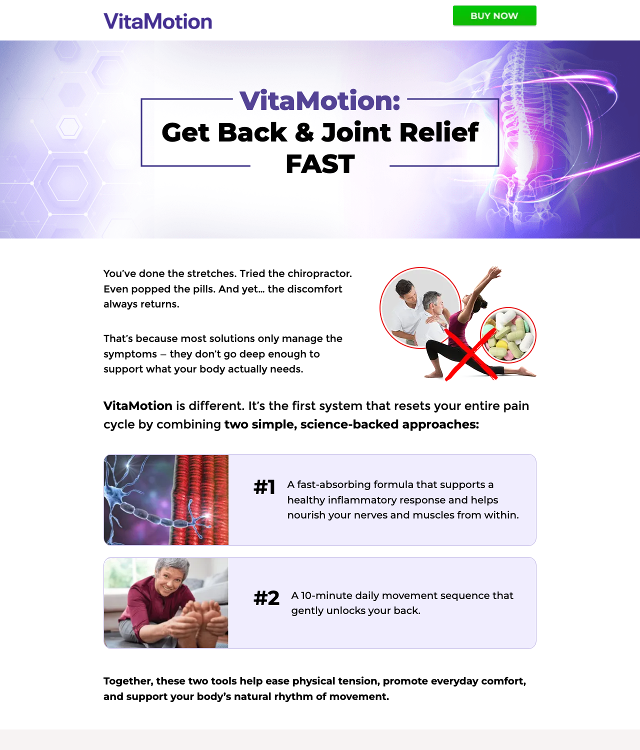 Screenshot of the VitaMotion - Destroyer Back Pain Offer sales page — open current offer