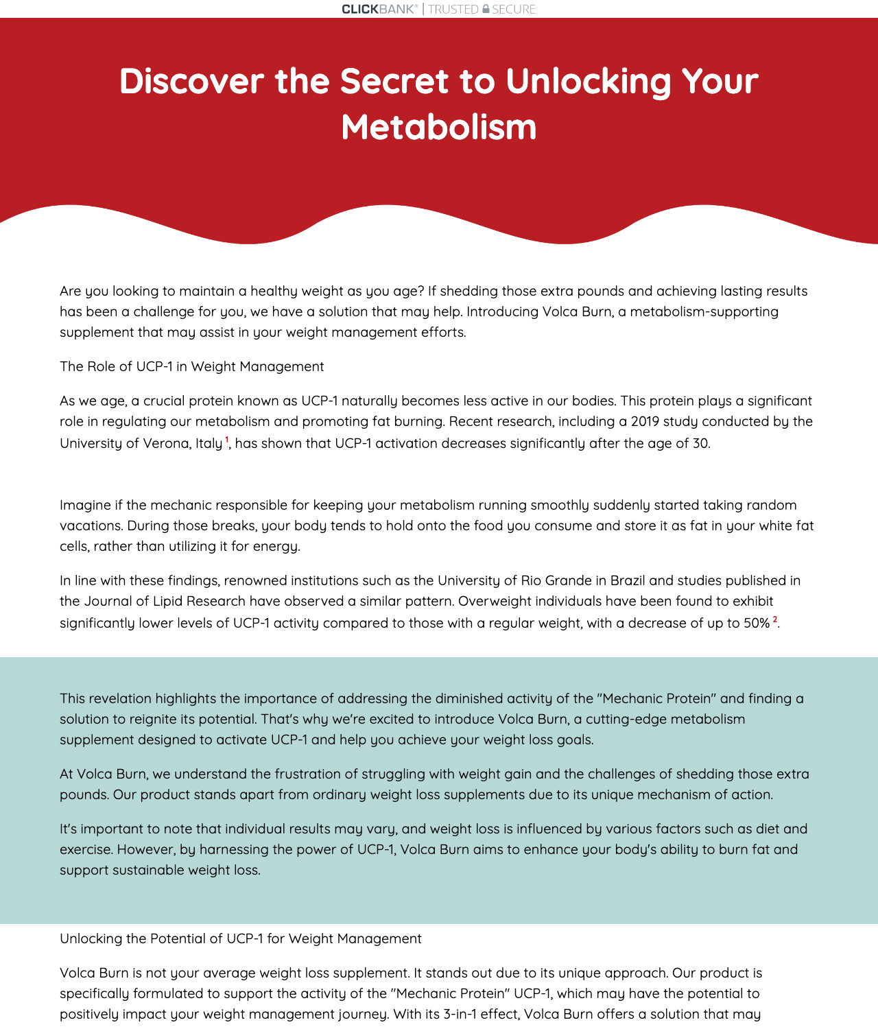 Screenshot of the VolcaBurn - The Hottest Weight Loss Breakthrough! sales page — open current offer