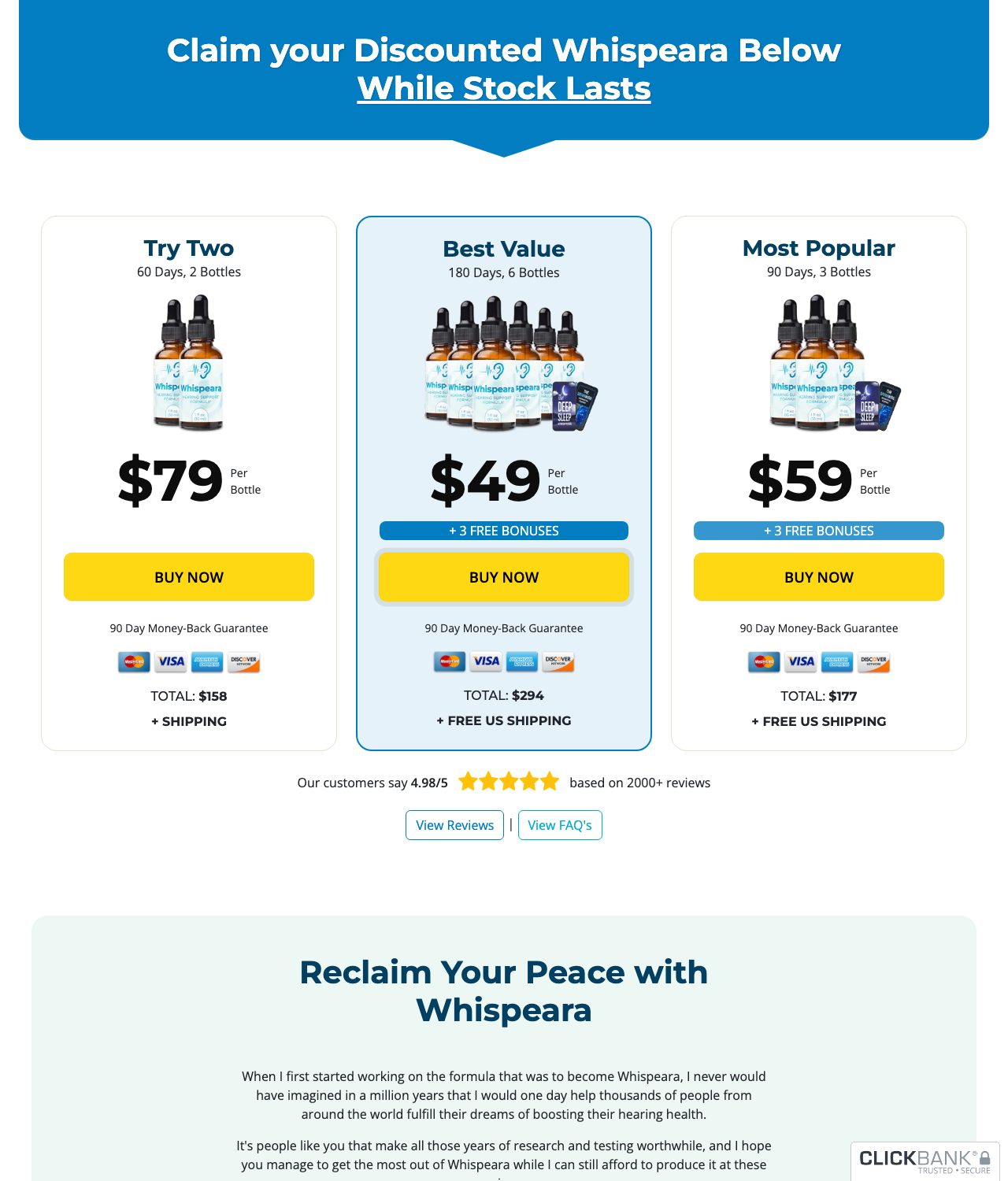 Screenshot of the Whispeara - Brain, Hearing Support, Tinnitus sales page — open current offer