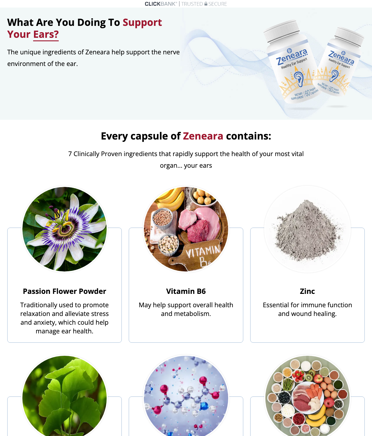 Screenshot of the Zeneara - #1 Ear Offer On ClickBank sales page — open current offer